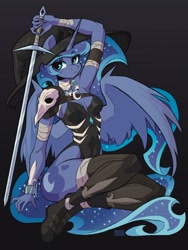 Size: 1538x2048 | Tagged: safe, artist:dodsie, princess luna, alicorn, anthro, g4, arm wraps, bird skull, bodysuit, boots, bracelet, breasts, cleavage, clothes, cutie mark on anthro, ethereal mane, ethereal tail, female, hat, jewelry, neck wraps, necklace, reasonably sized breasts, shoes, solo, sword, tail, tooth, weapon, witch hat