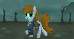 Size: 4096x2160 | Tagged: safe, artist:suryfromheaven, oc, oc only, oc:littlepip, pony, unicorn, fallout equestria, bag, canteen, clothes, female, horn, jumpsuit, looking at you, mare, overcast, pipbuck, saddle bag, solo, vault suit, wasteland