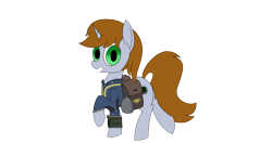 Size: 4096x2160 | Tagged: safe, artist:suryfromheaven, oc, oc only, oc:littlepip, pony, unicorn, fallout equestria, bag, canteen, clothes, female, horn, jumpsuit, looking at you, mare, pipbuck, saddle bag, simple background, solo, transparent background, vault suit