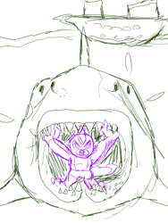Size: 768x1024 | Tagged: safe, artist:lullabyjak, oc, oc only, oc:gorge, dragon, shark, anthro, baby, baby dragon, cruise ship, imminent vore, not spike, pacifier, sharp teeth, sketch, solo, teeth, water, wip