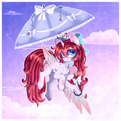 Size: 2000x2000 | Tagged: safe, artist:_spacemonkeyz_, oc, oc only, oc:nokori, alicorn, bell, bell choker, bow, choker, hair bow, parasol (umbrella), passepartout, solo