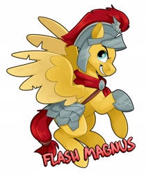 Size: 1719x2048 | Tagged: safe, artist:luximus17, flash magnus, pegasus, pony, g4, armor, armor skirt, helmet, male, simple background, skirt, smiling, smirk, solo, spread wings, stallion, white background, wings