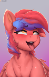 Size: 2215x3486 | Tagged: safe, artist:drawalaverr, oc, oc only, oc:ivory flare, pegasus, pony, ahegao, blushing, bust, commission, drool, drool string, female, gradient background, horn, looking up, mare, one ear down, open mouth, pegasus oc, portrait, silly, silly face, silly pony, simple background, solo, tongue out, unicorn oc, ych result