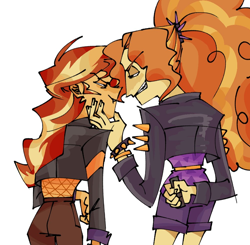 Size: 1000x979 | Tagged: safe, artist:jzdog_0205, adagio dazzle, sunset shimmer, human, equestria girls, g4, angry, duo, duo female, female, hand on face, lesbian, lidded eyes, looking at each other, looking at someone, ponytail, ship:sunsagio, shipping, simple background, smiling, white background