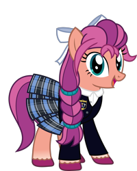 Size: 1870x2334 | Tagged: safe, artist:sketchmcreations, sunny starscout, earth pony, pony, g4, g5, bow, clothes, cute, female, g5 to g4, generation leap, hair bow, mare, open mouth, open smile, pleated skirt, reference, school uniform, schoolgirl, simple background, skirt, smiling, solo, sunnybetes, the suite life of zack and cody, transparent background, vector, voice actor joke