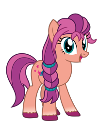 Size: 1870x2334 | Tagged: safe, alternate version, artist:sketchmcreations, sunny starscout, earth pony, pony, g4, g5, braid, braided ponytail, female, g5 to g4, generation leap, mare, open mouth, open smile, ponytail, scrunchie, simple background, smiling, solo, transparent background, unshorn fetlocks, vector