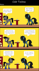 Size: 1920x3516 | Tagged: safe, artist:techno-babble, oc, oc only, oc:azure dusk, oc:techno babble, earth pony, pony, unicorn, comic:club techno, series:technoverse, g4, 3 panel comic, 3d, comic, duo, duo male and female, female, horn, male, mare, slice of life, speech bubble, stallion