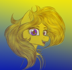 Size: 1725x1660 | Tagged: safe, artist:darklight1315, oc, oc only, oc:sunflower scream, earth pony, pony, fallout equestria, blonde mane, brown eyelashes, clothes, colored eyelashes, ear fluff, earth pony oc, fallout equestria: mayday, gradient background, jumpsuit, looking at you, open mouth, open smile, purple eyes, signature, smiling, smiling at you, solo, stable 86, vault suit, yellow coat