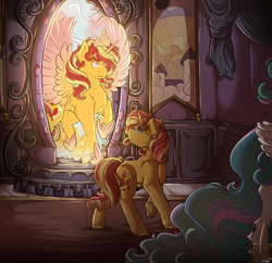 Size: 1100x1064 | Tagged: safe, artist:binibean, idw, princess celestia, sunset shimmer, alicorn, pony, unicorn, g4, spoiler:comicannual2013, alicornified, comic interpretation, detailed background, duo, duo female, female, horn, looking at something, magic mirror, mare, offscreen character, race swap, reflection, scene interpretation, shimmercorn, speedpaint available, spread wings, wings
