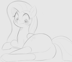 Size: 1348x1165 | Tagged: safe, artist:tre, fluttershy, pegasus, pony, g4, butt, female, flutterbutt, large butt, looking back, lying down, mare, monochrome, on side, plot, sketch, solo, squishy, tail, tail aside, wide hips