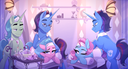 Size: 3477x1886 | Tagged: safe, artist:thewandie, aloe, birch bucket, lotus blossom, oc, oc:marquis majordome, earth pony, pony, unicorn, g4, bipedal, bipedal leaning, butt, clone, commission, continuity, cup, doppelganger, eyes closed, eyeshadow, fangs, female, food, glasses, high res, horn, leaning, lying down, makeup, male, mare, massage, one eye closed, pillow, plot, prone, signature spell, spa, spa twins, spell, stallion, tea, teacup, teapot, towel, trio, unicorn oc, wholesome, wings, ych result
