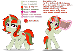 Size: 10000x6982 | Tagged: safe, artist:jhayarr23, oc, oc only, oc:scarlet reverie, pony, unicorn, fallout equestria, bipedal, book, braid, coat markings, commissioner:solar aura, cutie mark, eyeshadow, green coat, horn, magic, magic aura, makeup, one eye closed, one eye open, pink eyes, pink eyeshadow, red text, reference sheet, simple background, socks (coat markings), solo, spots, telekinesis, text, transparent background, two toned mane, unicorn oc, wink