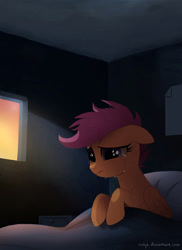 Size: 788x1084 | Tagged: dead source, safe, artist:ruhje, scootaloo, pegasus, pony, g4, bed, crying, female, solo, window