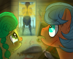 Size: 1000x800 | Tagged: safe, artist:undisputed, oc, oc only, oc:crimson sky, unnamed oc, human, pony, crying, dilated pupils, fanfic, fanfic art, female, gasp, male, mare, shop, smiling, stallion, wings