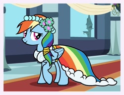 Size: 1673x1278 | Tagged: safe, artist:mariana10990, budge studios, rainbow dash, pegasus, pony, g4, my little pony color by magic, alternate hairstyle, bridesmaid, bridesmaid dress, clothes, dress, floral head wreath, flower, flower in hair, gown, passepartout, royal wedding, solo