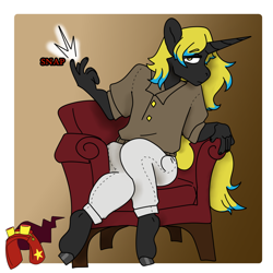 Size: 1200x1200 | Tagged: safe, artist:void-home, oc, oc only, unicorn, anthro, unguligrade anthro, fall of equestria, armchair, black coat, black hooves, chair, clothes, colored eyebrows, colored hooves, commission, couch, eyebrows, eyebrows visible through hair, finger snap, frown, gradient background, hooves, horn, ideal equestria verse, lidded eyes, long horn, long mane, long mane male, male, pants, passepartout, red text, shiny hooves, shirt, sitting, snapping fingers, solo, stallion, tail, text, two toned mane, two toned tail, yellow eyes, yellow mane, yellow tail