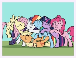 Size: 1778x1363 | Tagged: safe, artist:mariana10990, budge studios, applejack, fluttershy, pinkie pie, rainbow dash, rarity, twilight sparkle, earth pony, pegasus, pony, unicorn, g4, my little pony color by magic, the return of harmony, cute, group hug, hug, lying down, mane six, on back, passepartout, sweet dreams fuel, unicorn twilight