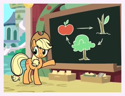 Size: 1783x1362 | Tagged: safe, artist:mariana10990, budge studios, applejack, earth pony, pony, g4, my little pony color by magic, chalkboard, female, mare, passepartout, school of friendship, solo