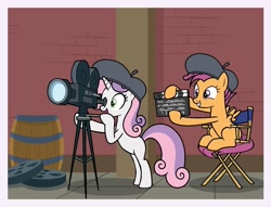 Size: 1777x1360 | Tagged: safe, artist:mariana10990, budge studios, scootaloo, sweetie belle, pegasus, pony, unicorn, g4, my little pony color by magic, barrel, bipedal, brick wall, camera, chair, director's chair, duo, duo female, female, filly, foal, horn, passepartout