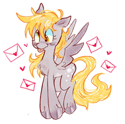 Size: 1088x1085 | Tagged: safe, artist:plushiecore, derpy hooves, pegasus, pony, g4, :p, blonde mane, blonde tail, blush scribble, blushing, chest fluff, colored hooves, colored wings, cute, derp, derpabetes, eyelashes, female, flying, gray hooves, heart, hooves, letter, long legs, mare, shiny hooves, simple background, slender, smiling, solo, spread wings, tail, thin, tongue out, two toned ears, two toned wings, unshorn fetlocks, wavy mouth, white background, wings, yellow mane, yellow tail