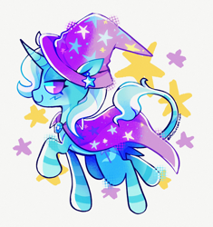 Size: 1838x1953 | Tagged: safe, artist:plushiecore, trixie, pony, unicorn, g4, abstract background, alternate hairstyle, blush scribble, blushing, brooch, cape, clothes, colored horn, colored horntip, ear piercing, earring, eyelashes, female, gradient horn, halftone, hat, horn, jewelry, leg markings, leg stripes, leonine tail, lidded eyes, looking at you, looking back, mare, no pupils, piercing, profile, screentone, side view, signature, smiling, smiling at you, solo, star earring, stars, stripes, strut, tail, trixie's brooch, trixie's cape, trixie's hat