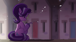 Size: 2500x1406 | Tagged: safe, artist:maren, starlight glimmer, pony, unicorn, g4, bags under eyes, colored hooves, detailed background, eye clipping through hair, eyebrows, eyebrows visible through hair, eyelashes, female, frown, hoof hold, hooves, horn, lidded eyes, looking at something, mare, our town, purple hooves, sitting, smiling, solo, unshorn fetlocks