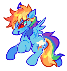 Size: 1048x1124 | Tagged: safe, artist:plushiecore, rainbow dash, pegasus, pony, g4, alternate eye color, blue blush, blush lines, blushing, colored eyelashes, eyebrows, eyebrows visible through hair, fangs, female, flying, mare, profile, raised hoof, red eyelashes, red eyes, shiny mane, shiny tail, simple background, slit pupils, smiling, solo, spread wings, white background, wings