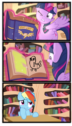 Size: 1995x3485 | Tagged: safe, artist:trrrebleee, edit, edited screencap, screencap, rainbow dash, twilight sparkle, alicorn, pegasus, pony, g4, testing testing 1-2-3, book, comic, dickbutt, female, golden oaks library, mare, meme, screencap comic, twilight sparkle (alicorn)