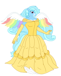 Size: 1280x1608 | Tagged: safe, artist:mlp-headstrong, oc, oc only, oc:jemimasparkle, alicorn, anthro, anthro oc, belly, breasts, clothes, colored wings, dress, evening gloves, female, gloves, gown, long gloves, mare, multicolored wings, rainbow wings, simple background, smiling, solo, transparent background, wings