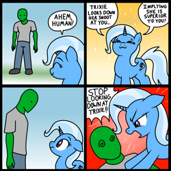 Size: 2000x2002 | Tagged: artist needed, safe, trixie, oc, oc:anon, human, pony, unicorn, g4, 4 panel comic, :3, abstract background, angry, colored, comic, dialogue, drawthread, duo, duo male and female, female, frustrated, gradient background, height difference, horn, looking at each other, looking at someone, looking down, male, mare, ponified, ponified comic, requested art, smug, swirly eyes, tackle, third person, yelling