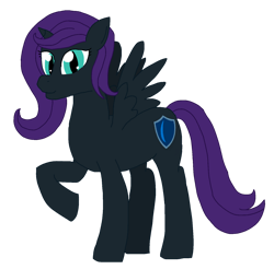 Size: 1280x1257 | Tagged: safe, artist:mlp-headstrong, oc, oc only, oc:nyx, alicorn, pony, alicorn oc, black coat, colored, cute, eyelashes, female, filly, flat colors, foal, horn, nyxabetes, ocbetes, purple mane, purple tail, raised hoof, requested art, simple background, small horn, smiling, solo, spread wings, standing on three hooves, tail, teal eyes, transparent background, wings