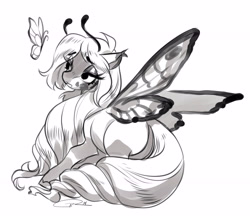 Size: 3743x3268 | Tagged: safe, artist:opalacorn, oc, oc only, butterfly, butterfly pony, hybrid, pony, antennae, butt, colored ear tufts, colored eartips, colored pinnae, ear tufts, eye clipping through hair, eyebrows, eyebrows visible through hair, eyelashes, eyeshadow, facial markings, female, grayscale, lidded eyes, long mane, long tail, looking at something, makeup, mare, monochrome, plot, ringlets, signature, simple background, smiling, solo, tail, white background