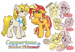 Size: 3300x2323 | Tagged: safe, artist:opalacorn, sunset shimmer, oc, oc:coppertone, pony, unicorn, fanfic:corejo compatī, g4, :3, blonde mane, blonde tail, blush lines, blushing, braid, braided ponytail, canon x oc, chest fluff, clothes, colored hooves, commission, cream coat, dialogue, duo, duo female, ear fluff, ear piercing, eyebrows, eyebrows visible through hair, female, floppy ears, green eyes, hoof on chin, hooves, horn, lesbian, lidded eyes, long mane, long tail, looking at each other, looking at someone, mare, orange hooves, piercing, ponytail, raised hoof, scarf, shiny hooves, shiny mane, shiny tail, simple background, smiling, smiling at each other, speech bubble, standing, striped scarf, tail, text, tied mane, unshorn fetlocks, white background, yellow hooves