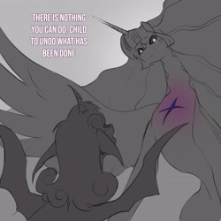 Size: 4096x4096 | Tagged: safe, artist:opalacorn, princess flurry heart, twilight sparkle, alicorn, changepony, hybrid, pony, false shining au, g4, alternate design, alternate universe, belly, black sclera, concave belly, dialogue, duo, duo female, female, grayscale, low angle, mare, monochrome, older, older flurry heart, partial color, size difference, slender, species swap, spread wings, thin, twilight sparkle (alicorn), wings