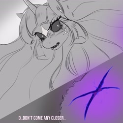 Size: 4096x4096 | Tagged: safe, artist:opalacorn, twilight sparkle, alicorn, pony, false shining au, g4, black sclera, bust, coat markings, corrupted, facial markings, female, grayscale, implied flurry heart, mare, misleading thumbnail, monochrome, partial color, scar, solo, star (coat marking), twilight sparkle (alicorn)