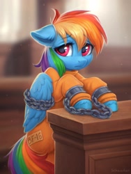Size: 1500x2000 | Tagged: safe, artist:scheadar, rainbow dash, pegasus, pony, g4, b-f16, bound wings, chained, chains, clothes, commissioner:rainbowdash69, courtroom, cuffs, jumpsuit, never doubt rainbowdash69's involvement, prison jumpsuit, prison outfit, prisoner, prisoner rd, sad, shackles, solo, wings