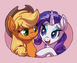 Size: 1188x970 | Tagged: safe, artist:whitediamonds, applejack, rarity, earth pony, pony, unicorn, g4, applejack's hat, commission, cowboy hat, duo, duo female, eyeshadow, female, freckles, hat, horn, lesbian, lidded eyes, looking at each other, looking at someone, makeup, ship:rarijack, shipping, smiling, stetson