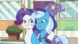 Size: 2400x1350 | Tagged: safe, artist:prixy05, rarity, trixie, pony, unicorn, g4, g5, my little pony: tell your tale, one trick pony (episode), spoiler:g5, spoiler:my little pony: tell your tale, spoiler:tyts01e20, cape, character swap, clothes, crying, duo, duo female, female, g4 to g5, generation leap, hat, horn, mare, tears of joy, trixie's cape, trixie's hat