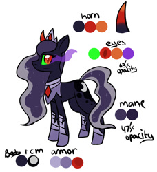 Size: 789x865 | Tagged: safe, artist:xxunicornforeverxx, princess luna, alicorn, pony, g4, boots, clothes, color change, colored horn, corrupted, corrupted luna, curved horn, dark magic, darkened coat, darkened hair, ethereal hair, gorget, horn, jewelry, magic, pale coat, pale hair, peytral, reference sheet, shoes, simple background, solo, sombra eyes, sombra horn, tiara, tumblr, tumblr:askcorrupted-luna, wavy hair, white background