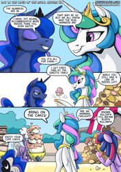 Size: 2171x3070 | Tagged: safe, artist:mysticalpha, princess celestia, princess luna, twilight sparkle, alicorn, pony, comic:day in the lives of the royal sisters, g4, alicorn metabolism, cake, cakelestia, comic, concave belly, cupcake, dessert, digestion without weight gain, eating, female, folded wings, food, pastries, slender, stuffing, that pony sure does love eating, thin, trio, trio female, twilight sparkle (alicorn), wheelbarrow, wings