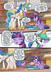 Size: 2171x3070 | Tagged: safe, artist:mysticalpha, princess celestia, twilight sparkle, alicorn, pony, comic:day in the lives of the royal sisters, g4, book, bookshelf, comic, concave belly, duo, duo female, female, height difference, library, slender, thin, twilight sparkle (alicorn)