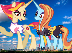 Size: 2048x1499 | Tagged: safe, artist:starryshineviolet, edit, editor:jaredking779, fire flare, sassy saddles, pony, unicorn, g4, alternate eye color, attack on pony, clothes, concave belly, dallas, dress, duo, duo female, eyeshadow, female, giant pony, giantess, highrise ponies, horn, irl, leotard, lidded eyes, macro, makeup, mare, open mouth, open smile, photo, ponies in real life, raised hoof, red eyes, saddle, smiling, standing, story included, tack, tall, texas, vulgar description, wrong eye color