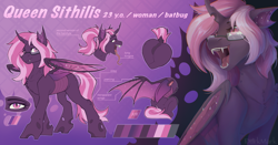 Size: 5715x3000 | Tagged: safe, artist:dorkmark, oc, oc only, oc:sithilis, bat pony, changeling, changeling queen, hybrid, abstract background, bugbutt, butt, changeling oc, fangs, gradient background, hybrid oc, looking at you, maw, pink changeling, purple changeling, reference sheet, solo