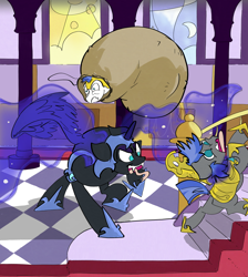 Size: 3549x3954 | Tagged: safe, artist:ponny, nightmare moon, alicorn, earth pony, pony, g4, checkered floor, choking, colored, drawthread, female, forked tongue, krampus, magic, male, mare, pillar, ponified, ponified scene, requested art, royal guard, sack, stallion, telekinesis, trio, window