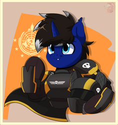 Size: 2733x2897 | Tagged: safe, artist:joaothejohn, oc, oc only, oc:night reader, bat pony, pegasus, pony, semi-anthro, armor, bat pony oc, cape, clothes, commission, ear fluff, earth, fanart, fangs, flag, game, helldivers 2, helmet, horn, looking up, male, multicolored hair, passepartout, pegasus oc, propaganda, salute, science fiction, skull, smiling, solo, ych example, your character here