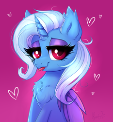 Size: 1563x1679 | Tagged: safe, artist:confetticakez, trixie, alicorn, bat pony, bat pony alicorn, pony, g4, alicornified, bat ponified, bat wings, bedroom eyes, chest fluff, cute, cute little fangs, diatrixes, ear fluff, eyeshadow, fangs, female, folded wings, gradient background, heart, horn, looking at you, makeup, mare, pink background, race swap, red eyes, simple background, solo, tongue out, trixiebat, trixiecorn, wings