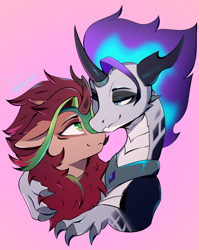 Size: 1720x2160 | Tagged: safe, artist:cmdrtempest, oc, oc only, oc:aliset, oc:amethystflame, dragon, kirin, bust, cute, duo, female, gradient background, looking at each other, looking at someone, male, shy