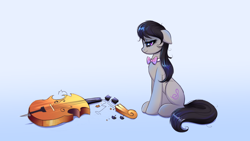 Size: 3840x2160 | Tagged: safe, artist:confetticakez, octavia melody, earth pony, pony, g4, bowtie, broken, cello, female, floppy ears, gradient background, high res, looking at something, mare, musical instrument, octavia's bowtie, profile, sad, side view, solo, tail, teary eyes, woobie