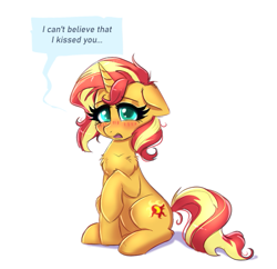 Size: 639x618 | Tagged: safe, artist:confetticakez, sunset shimmer, pony, unicorn, g4, blushing, chest fluff, dialogue, female, floppy ears, horn, looking at you, mare, open mouth, raised hoof, simple background, sitting, solo, speech bubble, tail, white background