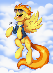 Size: 4000x5500 | Tagged: safe, artist:confetticakez, spitfire, pegasus, pony, g4, absurd resolution, bedroom eyes, blushing, clothes, cloud, cloudy, ear fluff, female, floppy ears, flying, grin, looking at you, mare, necktie, outdoors, sky, smiling, smiling at you, solo, spitfire's tie, spitfire's whistle, spread wings, sunglasses, sunglasses on head, tail, uniform, whistle, wings, wonderbolts dress uniform